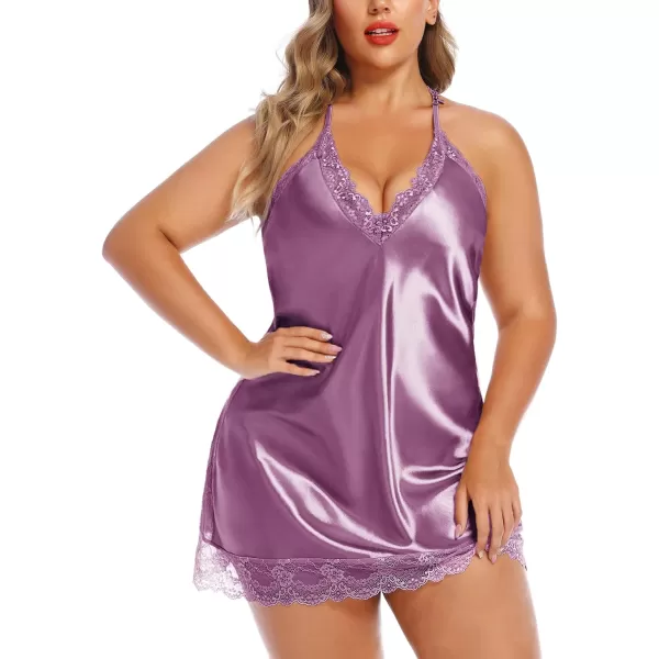 Avidlove Women Lingerie Plus Size Satin Lace Chemise Nightgown Sexy Full Slips Sleepwear L4XLLilac