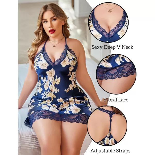 Avidlove Women Lingerie Plus Size Satin Lace Chemise Nightgown Sexy Full Slips Sleepwear L4XLNavy Blue Floral