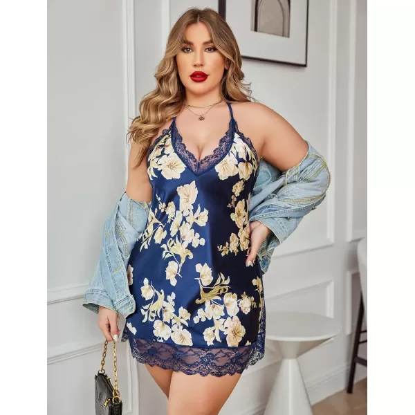 Avidlove Women Lingerie Plus Size Satin Lace Chemise Nightgown Sexy Full Slips Sleepwear L4XLNavy Blue Floral