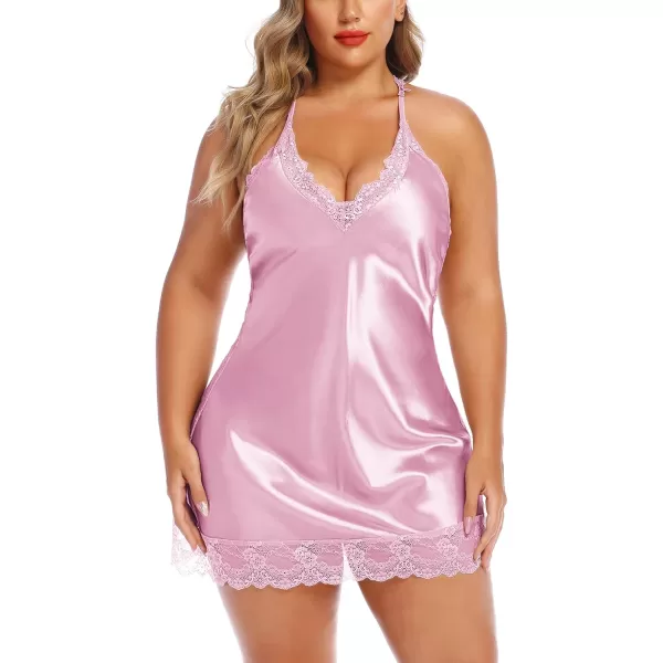 Avidlove Women Lingerie Plus Size Satin Lace Chemise Nightgown Sexy Full Slips Sleepwear L4XLPink