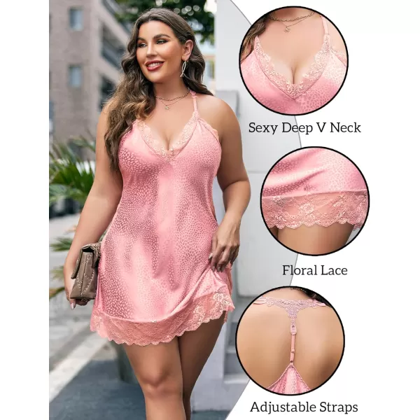 Avidlove Women Lingerie Plus Size Satin Lace Chemise Nightgown Sexy Full Slips Sleepwear L4XLPink Leopard