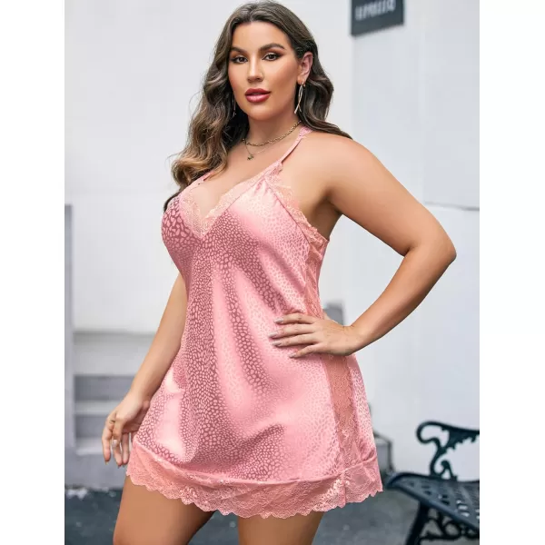 Avidlove Women Lingerie Plus Size Satin Lace Chemise Nightgown Sexy Full Slips Sleepwear L4XLPink Leopard