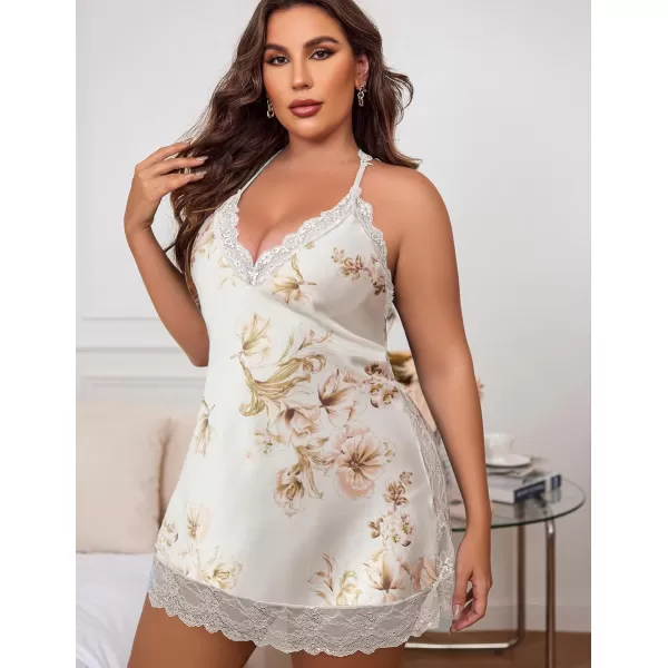 Avidlove Women Lingerie Plus Size Satin Lace Chemise Nightgown Sexy Full Slips Sleepwear L4XLWhite Floral