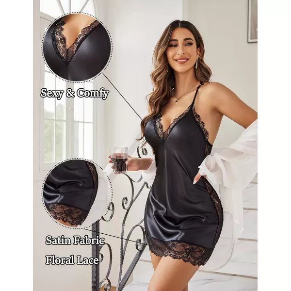 Avidlove Women Lingerie Satin Lace Chemise Nightgown Sexy Full Slips Sleepwear S4XL1black