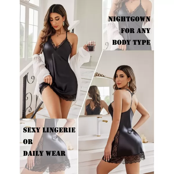 Avidlove Women Lingerie Satin Lace Chemise Nightgown Sexy Full Slips Sleepwear S4XL1black
