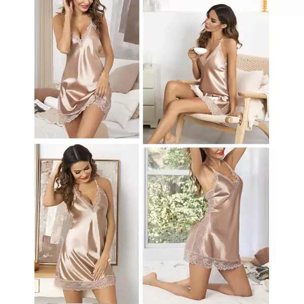 Avidlove Women Lingerie Satin Lace Chemise Nightgown Sexy Full Slips Sleepwear S4XL1coffee