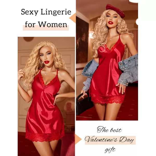 Avidlove Women Lingerie Satin Lace Chemise Nightgown Sexy Full Slips Sleepwear S4XL1red