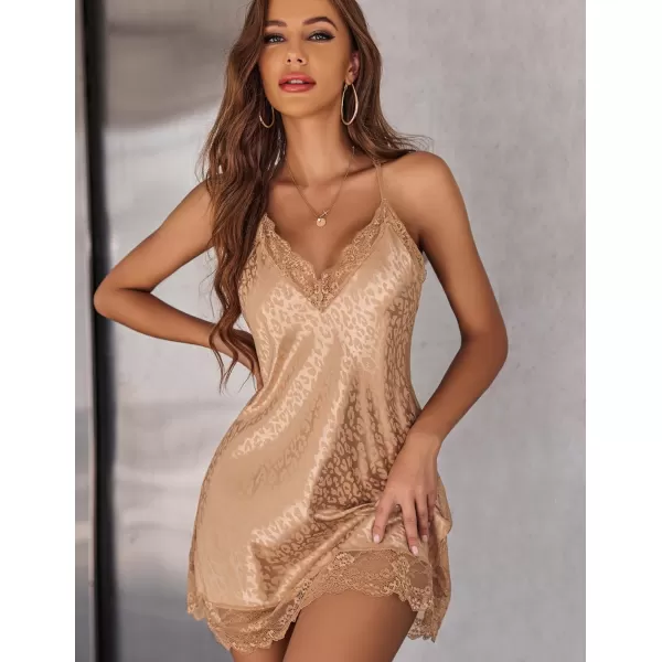 Avidlove Women Lingerie Satin Lace Chemise Nightgown Sexy Full Slips Sleepwear S4XLApricot Leopard