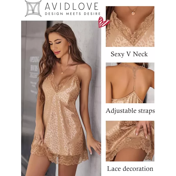 Avidlove Women Lingerie Satin Lace Chemise Nightgown Sexy Full Slips Sleepwear S4XLApricot Leopard