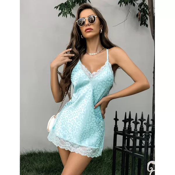 Avidlove Women Lingerie Satin Lace Chemise Nightgown Sexy Full Slips Sleepwear S4XLBlue Leopard