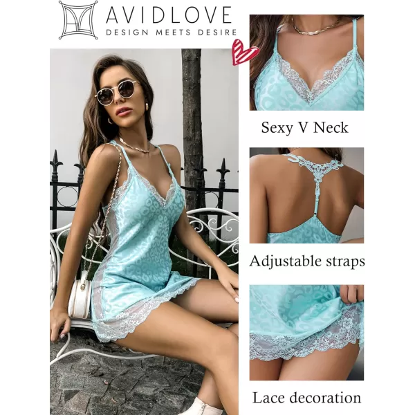 Avidlove Women Lingerie Satin Lace Chemise Nightgown Sexy Full Slips Sleepwear S4XLBlue Leopard