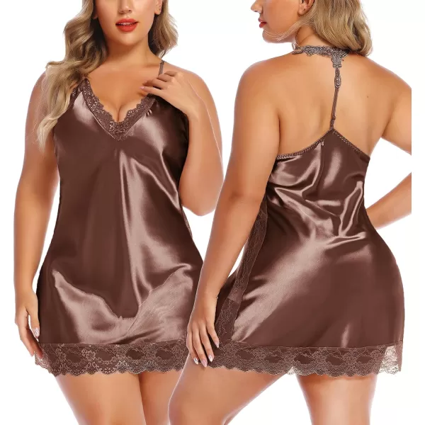 Avidlove Women Lingerie Satin Lace Chemise Nightgown Sexy Full Slips Sleepwear S4XLBrown