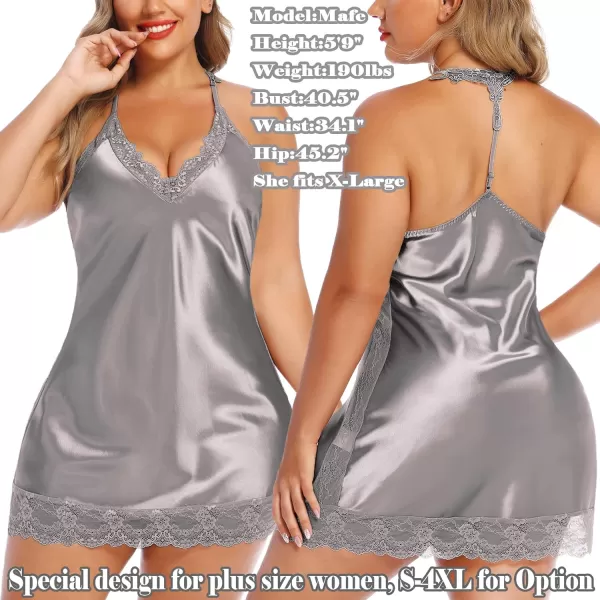 Avidlove Women Lingerie Satin Lace Chemise Nightgown Sexy Full Slips Sleepwear S4XLDark Gray