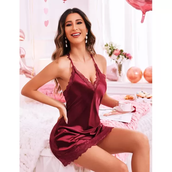 Avidlove Women Lingerie Satin Lace Chemise Nightgown Sexy Full Slips Sleepwear S4XLDark Red