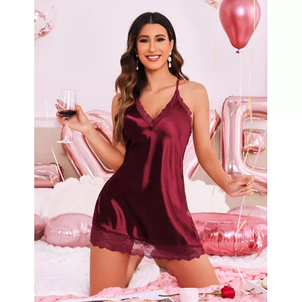 Avidlove Women Lingerie Satin Lace Chemise Nightgown Sexy Full Slips Sleepwear S4XLDark Red