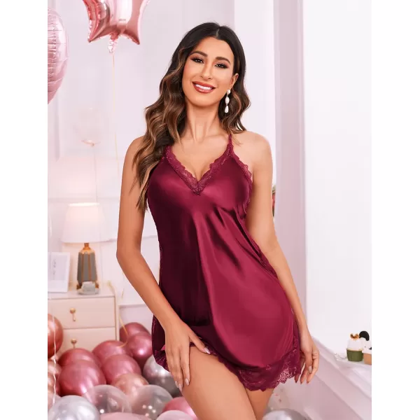 Avidlove Women Lingerie Satin Lace Chemise Nightgown Sexy Full Slips Sleepwear S4XLDark Red