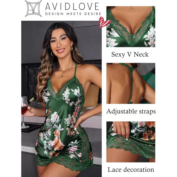 Avidlove Women Lingerie Satin Lace Chemise Nightgown Sexy Full Slips Sleepwear S4XLGreen Floral