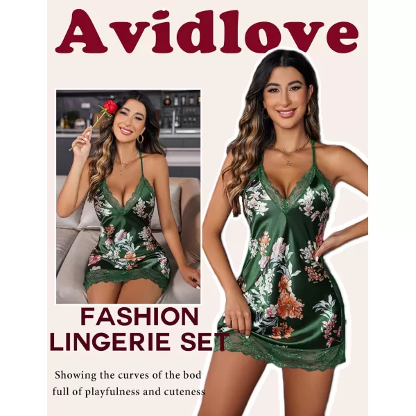 Avidlove Women Lingerie Satin Lace Chemise Nightgown Sexy Full Slips Sleepwear S4XLGreen Floral