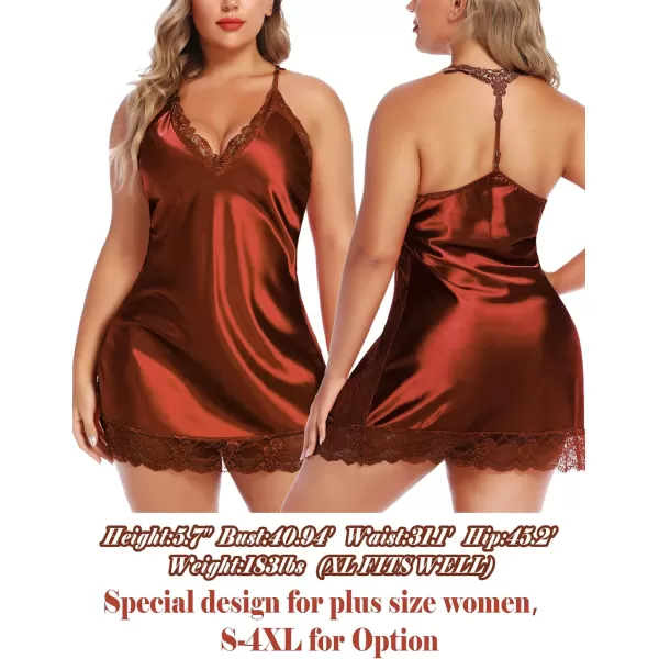Avidlove Women Lingerie Satin Lace Chemise Nightgown Sexy Full Slips Sleepwear S4XLLight Brown