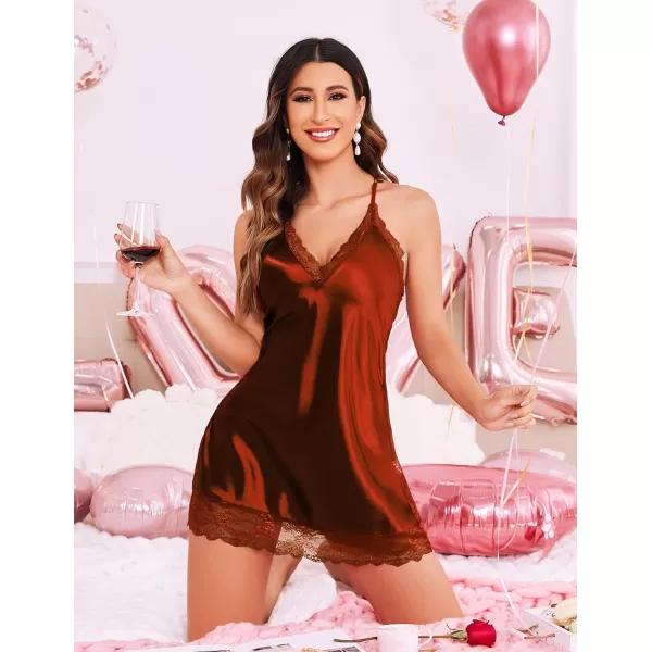 Avidlove Women Lingerie Satin Lace Chemise Nightgown Sexy Full Slips Sleepwear S4XLLight Brown