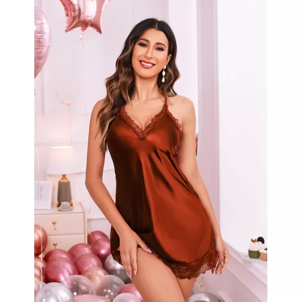 Avidlove Women Lingerie Satin Lace Chemise Nightgown Sexy Full Slips Sleepwear S4XLLight Brown