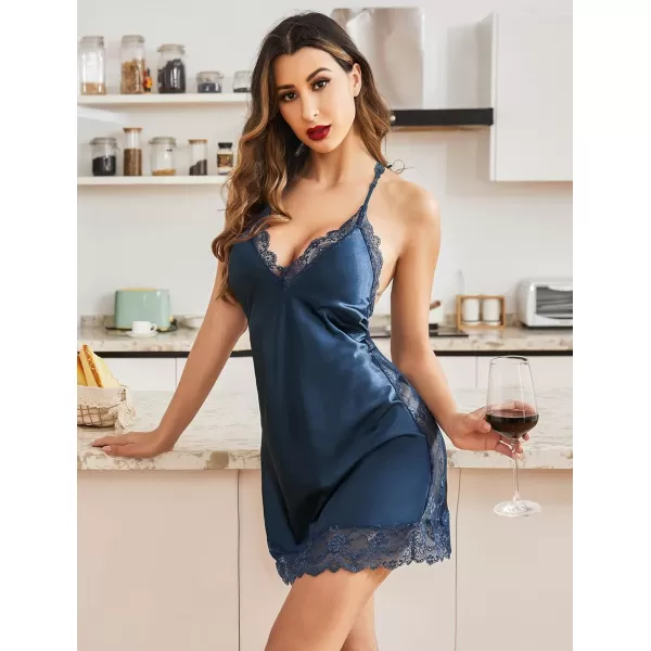 Avidlove Women Lingerie Satin Lace Chemise Nightgown Sexy Full Slips Sleepwear S4XLNavy Blue