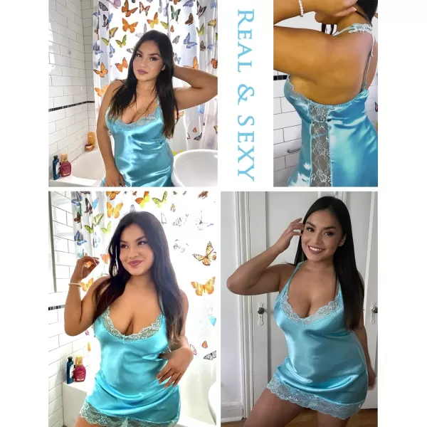 Avidlove Women Lingerie Satin Lace Chemise Nightgown Sexy Full Slips Sleepwear S4XLPeacock Blue