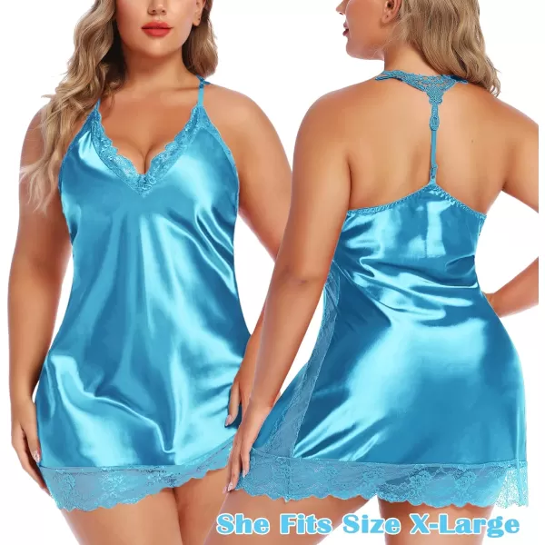 Avidlove Women Lingerie Satin Lace Chemise Nightgown Sexy Full Slips Sleepwear S4XLPeacock Blue