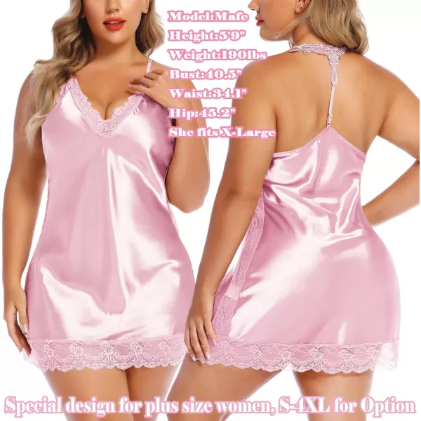 Avidlove Women Lingerie Satin Lace Chemise Nightgown Sexy Full Slips Sleepwear S4XLPink