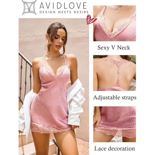 Avidlove Women Lingerie Satin Lace Chemise Nightgown Sexy Full Slips Sleepwear S4XLPink Leopard