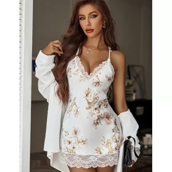 Avidlove Women Lingerie Satin Lace Chemise Nightgown Sexy Full Slips Sleepwear S4XLWhite Floral