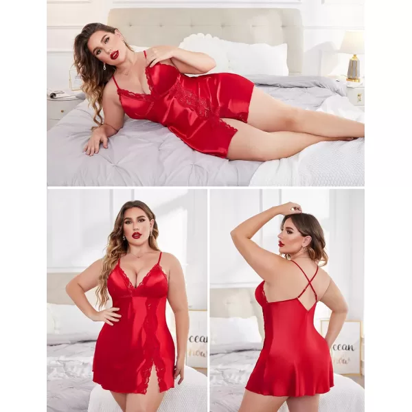 Avidlove Women Lingerie Satin Lace Chemise Nightgown V Neck Sexy Full Slips Sleepwear Dress1 Ared