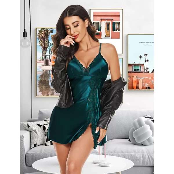 Avidlove Women Lingerie Satin Lace Chemise Nightgown V Neck Sexy Full Slips Sleepwear Dress1 Dark Green