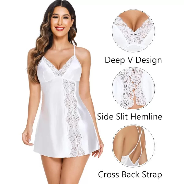 Avidlove Women Lingerie Satin Lace Chemise Nightgown V Neck Sexy Full Slips Sleepwear DressA White