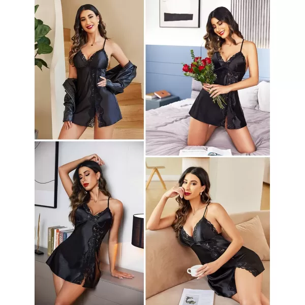 Avidlove Women Lingerie Satin Lace Chemise Nightgown V Neck Sexy Full Slips Sleepwear DressBlack