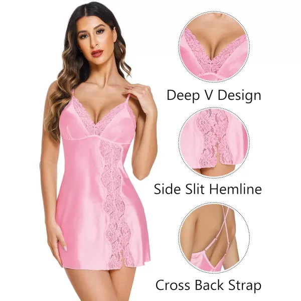 Avidlove Women Lingerie Satin Lace Chemise Nightgown V Neck Sexy Full Slips Sleepwear DressPink