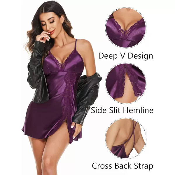 Avidlove Women Lingerie Satin Lace Chemise Nightgown V Neck Sexy Full Slips Sleepwear DressPurple