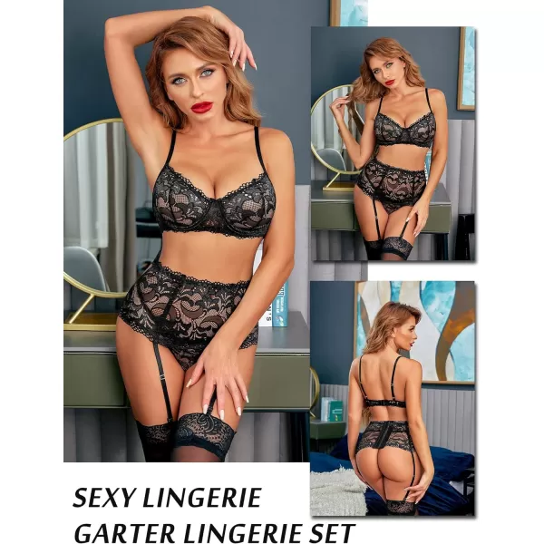 Avidlove Women Lingerie Set High Waisted Underwire Lingerie With Garter Belt Lace BabydollBlack