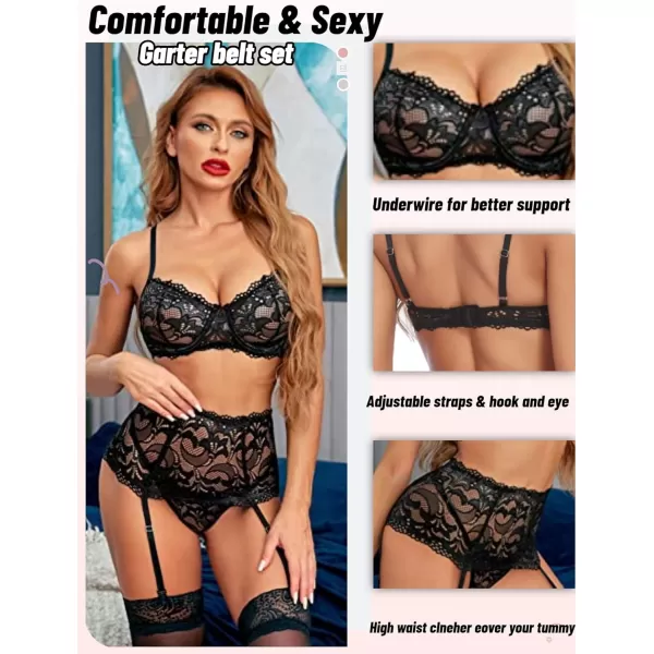 Avidlove Women Lingerie Set High Waisted Underwire Lingerie With Garter Belt Lace BabydollBlack