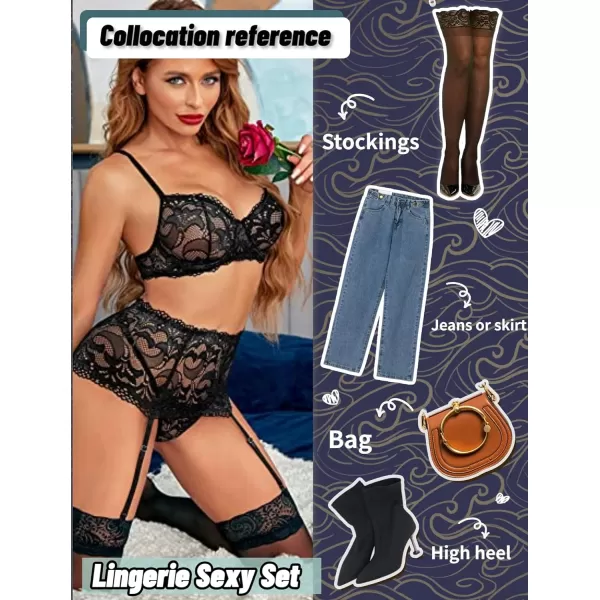 Avidlove Women Lingerie Set High Waisted Underwire Lingerie With Garter Belt Lace BabydollBlack