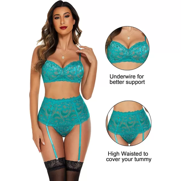 Avidlove Women Lingerie Set High Waisted Underwire Lingerie With Garter Belt Lace BabydollBlue Green