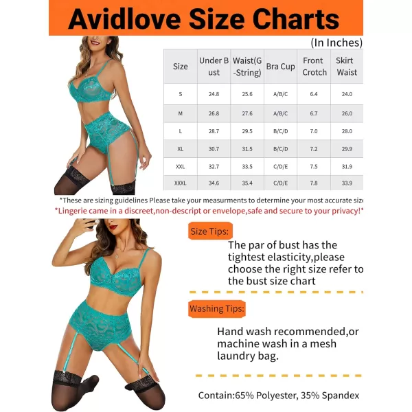 Avidlove Women Lingerie Set High Waisted Underwire Lingerie With Garter Belt Lace BabydollBlue Green