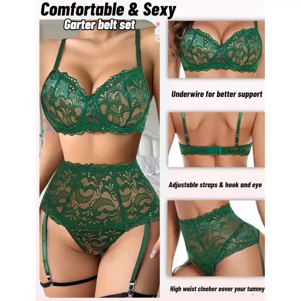 Avidlove Women Lingerie Set High Waisted Underwire Lingerie With Garter Belt Lace BabydollDark Green