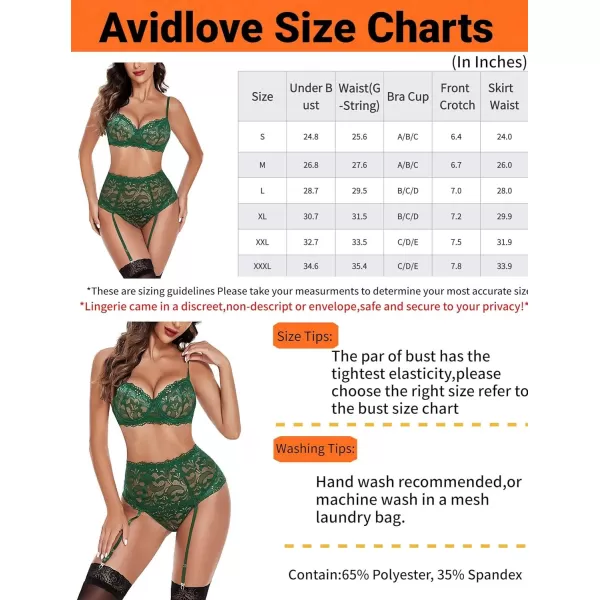 Avidlove Women Lingerie Set High Waisted Underwire Lingerie With Garter Belt Lace BabydollDark Green