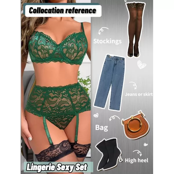 Avidlove Women Lingerie Set High Waisted Underwire Lingerie With Garter Belt Lace BabydollDark Green