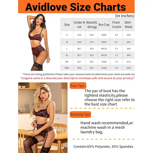 Avidlove Women Lingerie Set High Waisted Underwire Lingerie With Garter Belt Lace BabydollDark Red