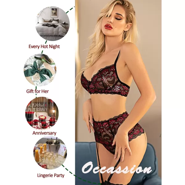 Avidlove Women Lingerie Set High Waisted Underwire Lingerie With Garter Belt Lace BabydollDark Red