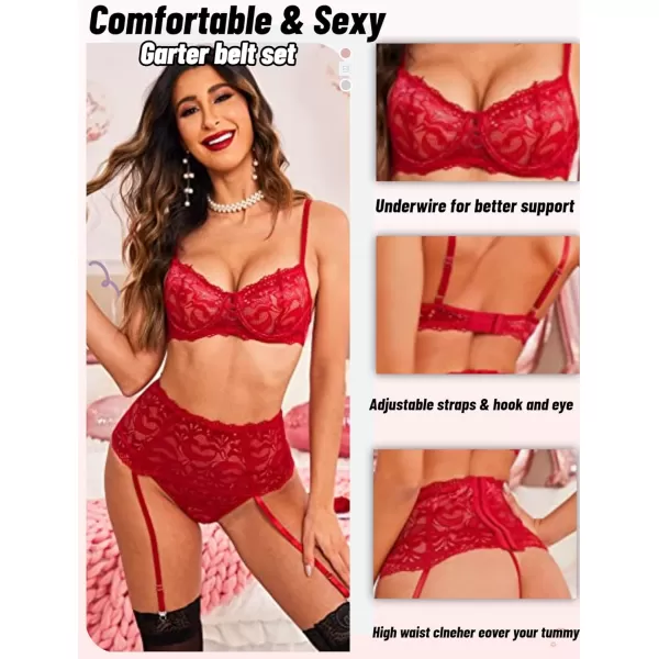 Avidlove Women Lingerie Set High Waisted Underwire Lingerie With Garter Belt Lace BabydollDark Red2