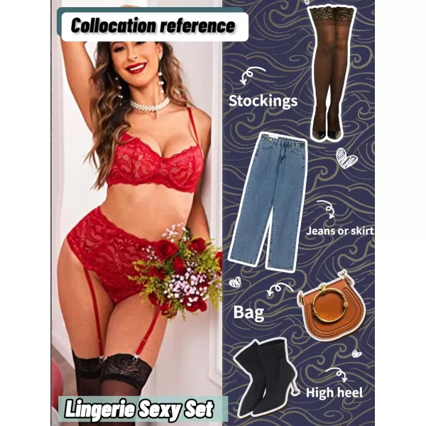 Avidlove Women Lingerie Set High Waisted Underwire Lingerie With Garter Belt Lace BabydollDark Red2