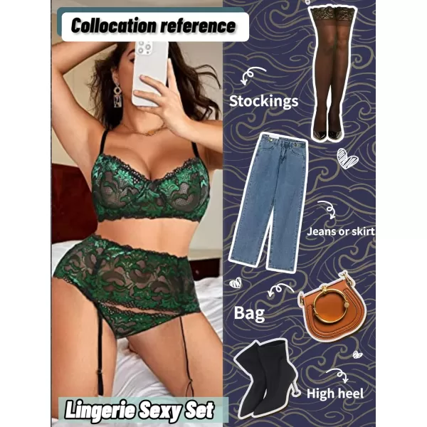 Avidlove Women Lingerie Set High Waisted Underwire Lingerie With Garter Belt Lace BabydollGreen